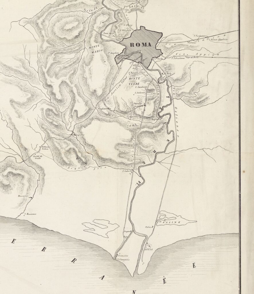 Dettaglio della carta di Duhousset del 1849 con il settore occidentale di Roma e l’asse dell’Aurelia