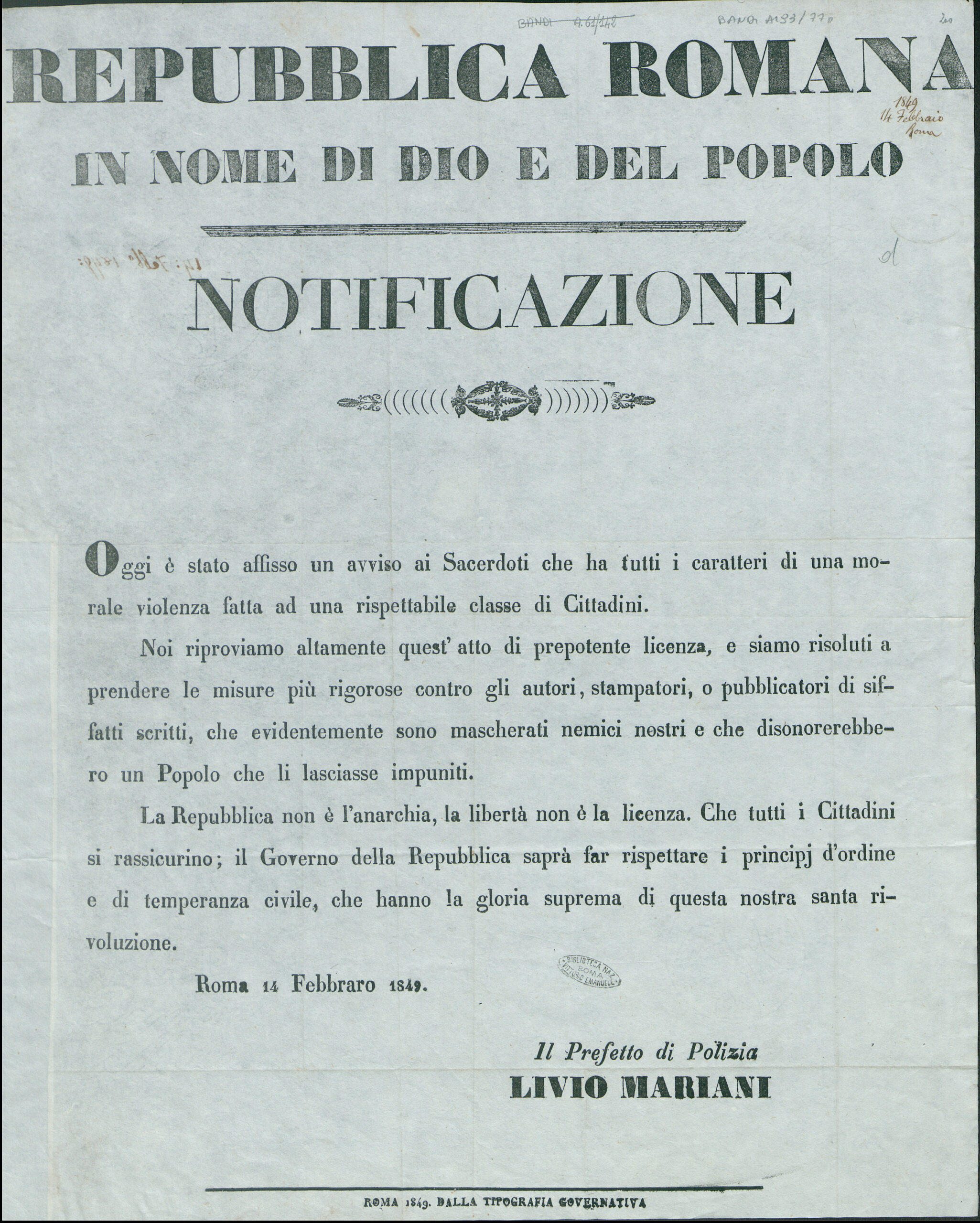 Manifesto originale della notificazione di Livio Mariani contro l’avviso ai sacerdoti, Roma, 14 febbraio 1849