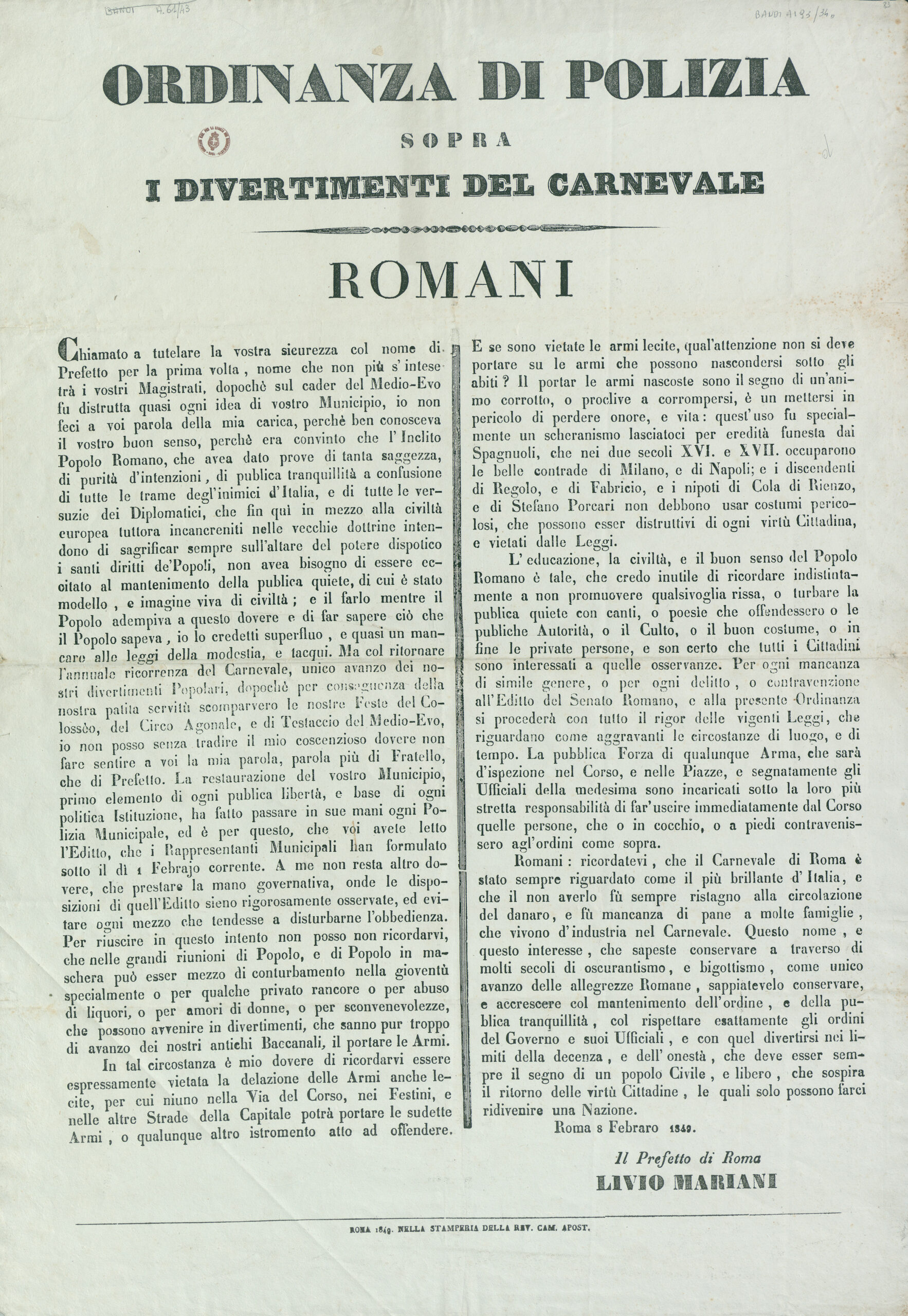 Manifesto originale dell’ordinanza di polizia sui divertimenti del Carnevale, Roma, 8 febbraio 1849
