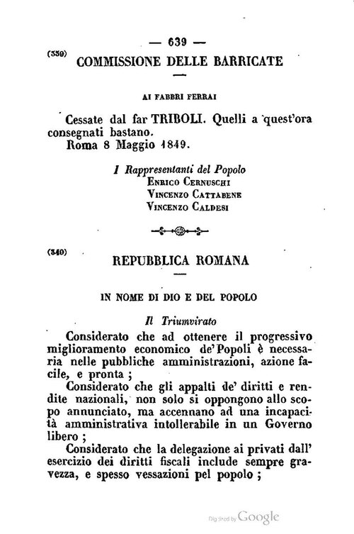 Avviso della Commissione delle barricate ai fabbri ferrai sui triboli, Roma 8 maggio 1849
