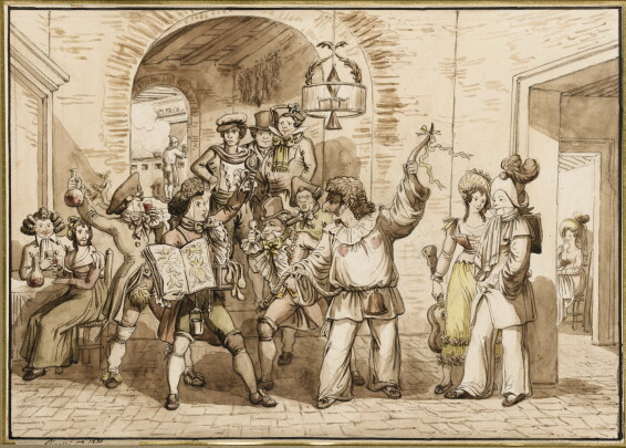 Bartolomeo Pinelli, scena di carnevale all'interno di un'osteria romana, 1830